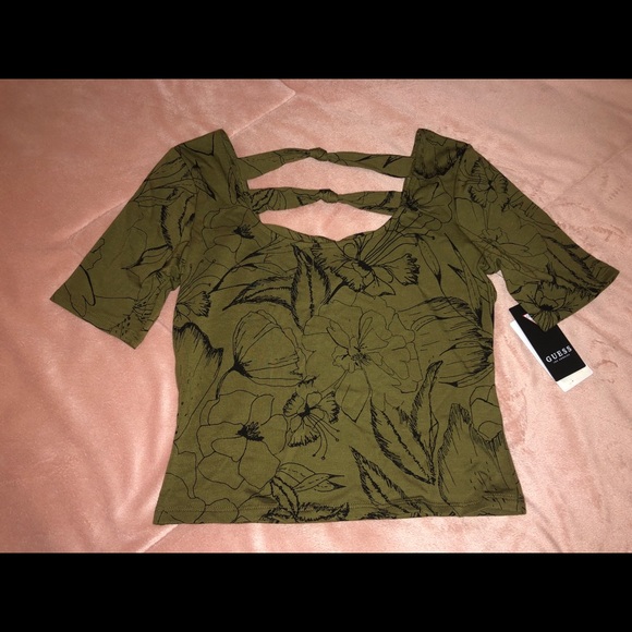 Guess Cayla Cropped Top Army Green Florals Small - Picture 4 of 7